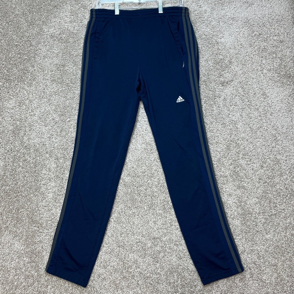 Adidas Track Pants Mens Large Navy Blue Gray 3-Stripe Zip Pockets Drawstring